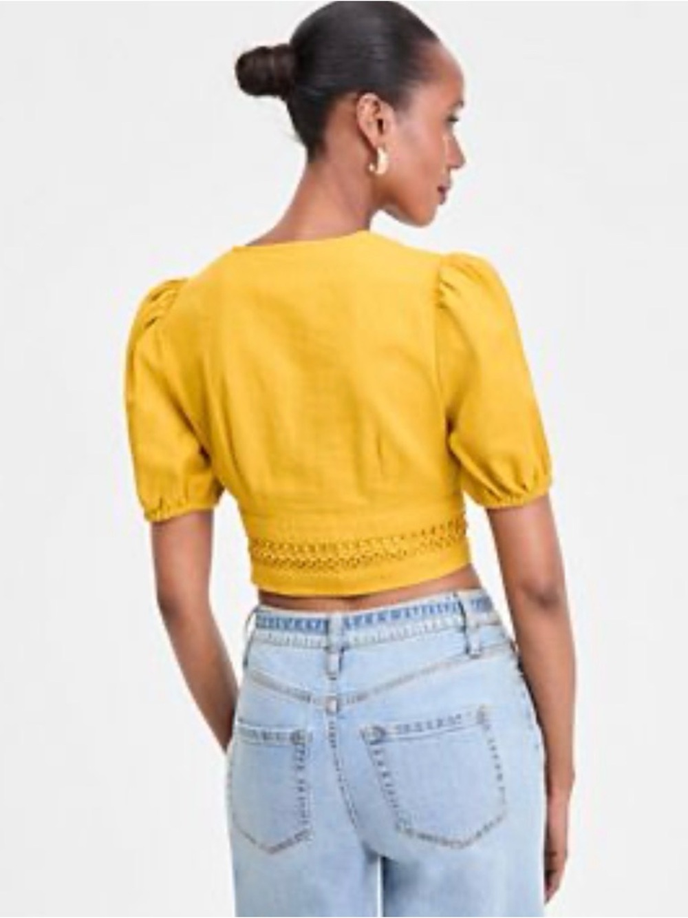 INC International Concepts Mustard Puff Sleeve Crochet-Hem Crop Top